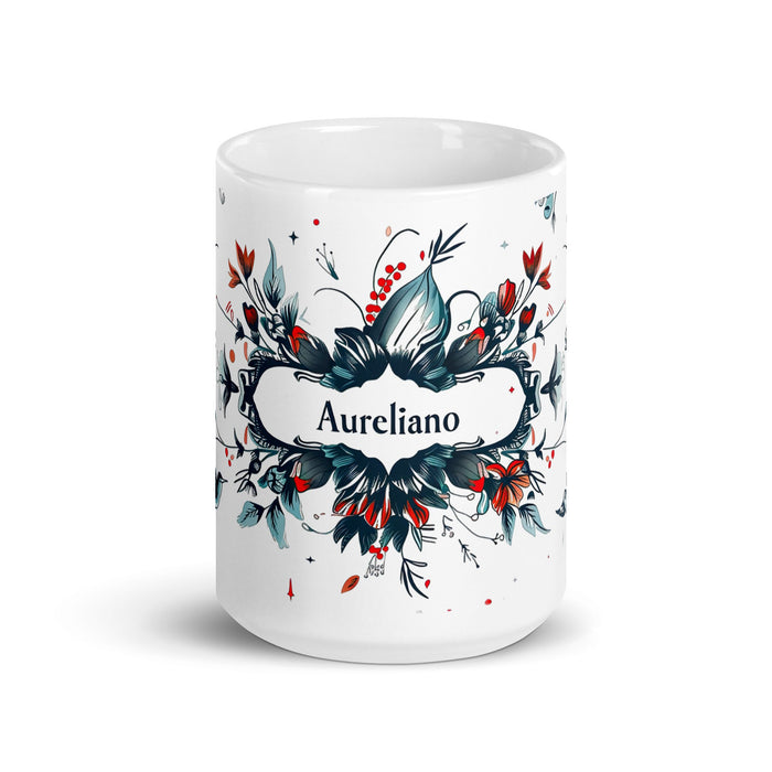 Aureliano Exclusive Name Art Piece Home Office Work Coffee Mug Mexican Spanish Pride Gift Cup One - Of - A - Kind Calligraphy White Glossy Mug | A15 - Mexicada