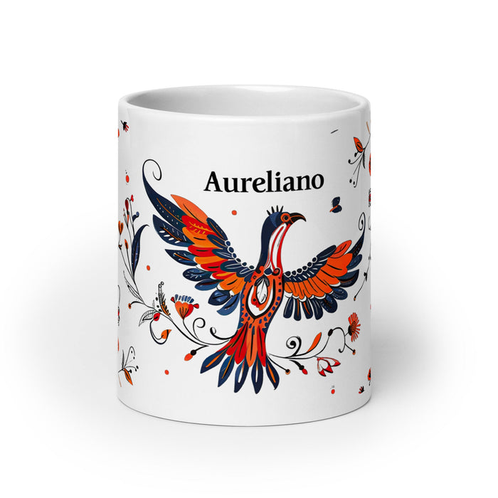 Aureliano Exclusive Name Art Piece Home Office Work Coffee Mug Mexican Spanish Pride Gift Cup One - Of - A - Kind Calligraphy White Glossy Mug | A16 - Mexicada