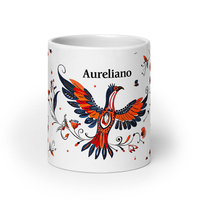 Aureliano Exclusive Name Art Piece Home Office Work Coffee Mug Mexican Spanish Pride Gift Cup One-Of-A-Kind Calligraphy White Glossy Mug | A16 Mexicada