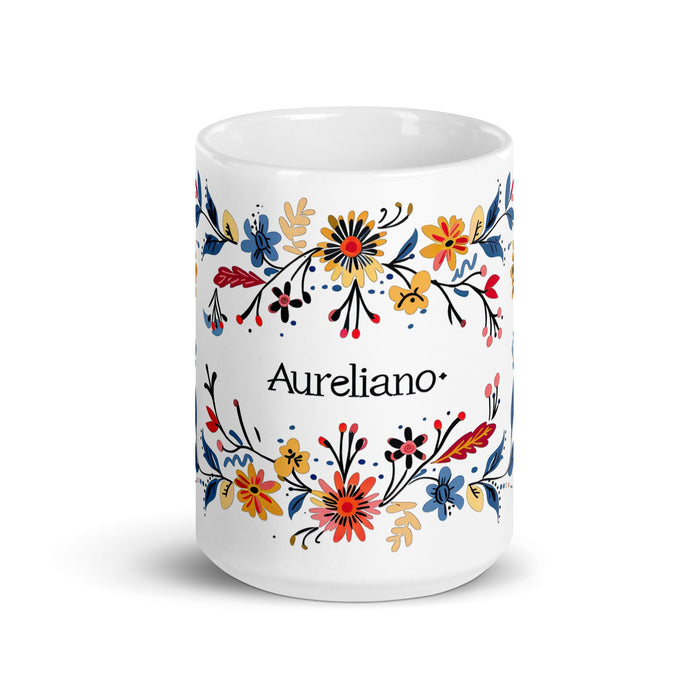 Aureliano Exclusive Name Art Piece Home Office Work Coffee Mug Mexican Spanish Pride Gift Cup One - Of - A - Kind Calligraphy White Glossy Mug | A17 - Mexicada