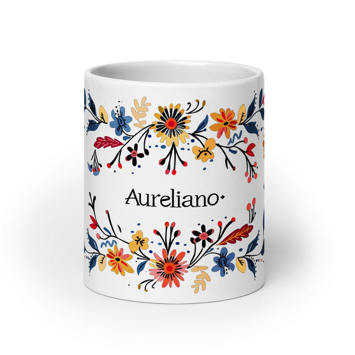 Aureliano Exclusive Name Art Piece Home Office Work Coffee Mug Mexican Spanish Pride Gift Cup One-Of-A-Kind Calligraphy White Glossy Mug | A17 Mexicada