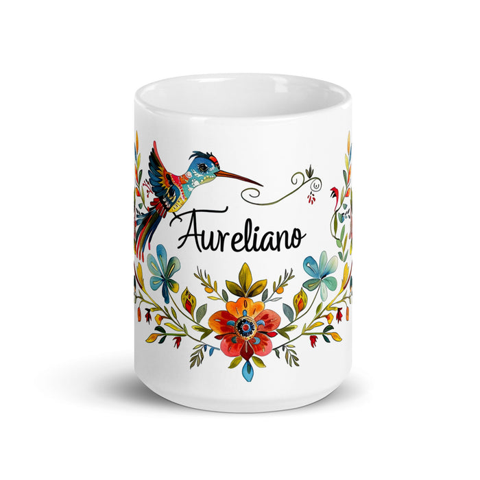 Aureliano Exclusive Name Art Piece Home Office Work Coffee Mug Mexican Spanish Pride Gift Cup One - Of - A - Kind Calligraphy White Glossy Mug | A18 - Mexicada