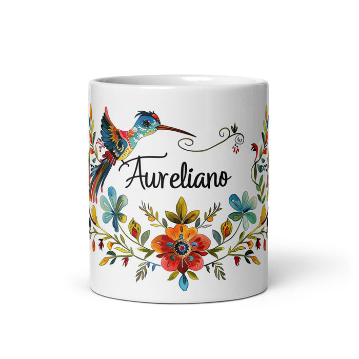 Aureliano Exclusive Name Art Piece Home Office Work Coffee Mug Mexican Spanish Pride Gift Cup One-Of-A-Kind Calligraphy White Glossy Mug | A18 Mexicada