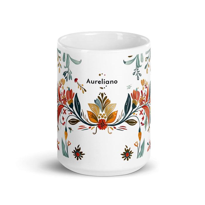 Aureliano Exclusive Name Art Piece Home Office Work Coffee Mug Mexican Spanish Pride Gift Cup One-Of-A-Kind Calligraphy White Glossy Mug | A19 Mexicada