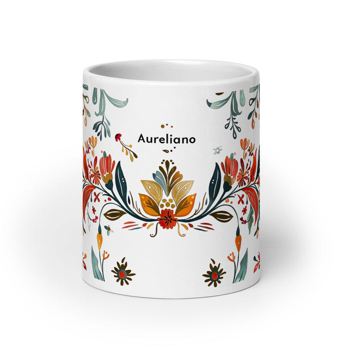 Aureliano Exclusive Name Art Piece Home Office Work Coffee Mug Mexican Spanish Pride Gift Cup One-Of-A-Kind Calligraphy White Glossy Mug | A19 Mexicada