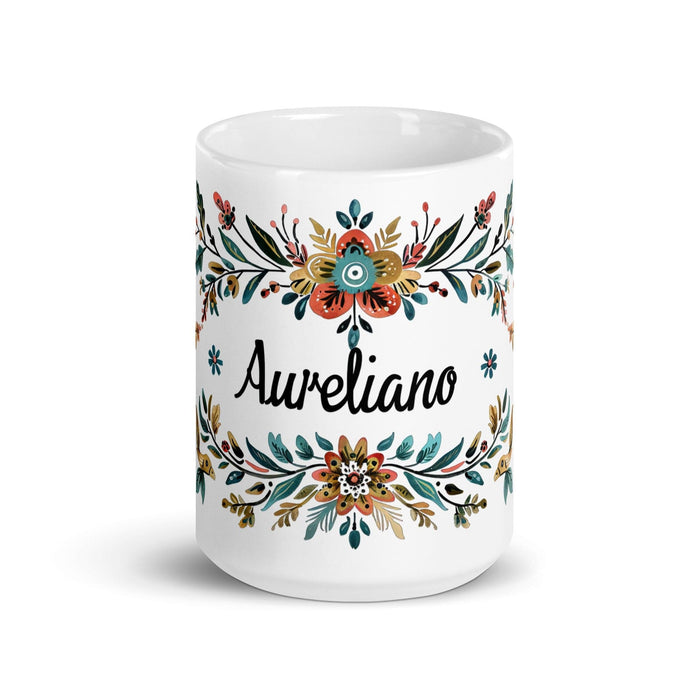 Aureliano Exclusive Name Art Piece Home Office Work Coffee Mug Mexican Spanish Pride Gift Cup One-Of-A-Kind Calligraphy White Glossy Mug | A21 Mexicada