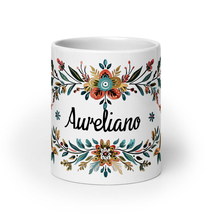 Aureliano Exclusive Name Art Piece Home Office Work Coffee Mug Mexican Spanish Pride Gift Cup One-Of-A-Kind Calligraphy White Glossy Mug | A21 Mexicada