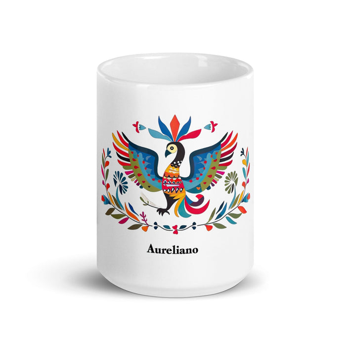 Aureliano Exclusive Name Art Piece Home Office Work Coffee Mug Mexican Spanish Pride Gift Cup One-Of-A-Kind Calligraphy White Glossy Mug | A22 Mexicada