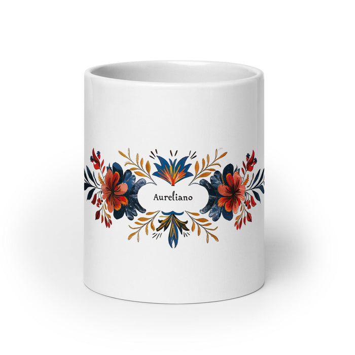 Aureliano Exclusive Name Art Piece Home Office Work Coffee Mug Mexican Spanish Pride Gift Cup One-Of-A-Kind Calligraphy White Glossy Mug | A24 Mexicada