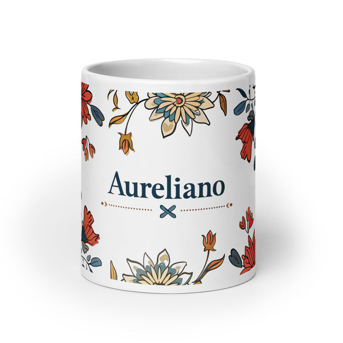 Aureliano Exclusive Name Art Piece Home Office Work Coffee Mug Mexican Spanish Pride Gift Cup One - Of - A - Kind Calligraphy White Glossy Mug | A3 - Mexicada