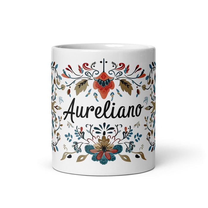 Aureliano Exclusive Name Art Piece Home Office Work Coffee Mug Mexican Spanish Pride Gift Cup One - Of - A - Kind Calligraphy White Glossy Mug | A4 - Mexicada