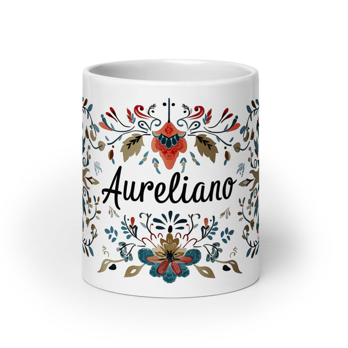 Aureliano Exclusive Name Art Piece Home Office Work Coffee Mug Mexican Spanish Pride Gift Cup One - Of - A - Kind Calligraphy White Glossy Mug | A4 - Mexicada