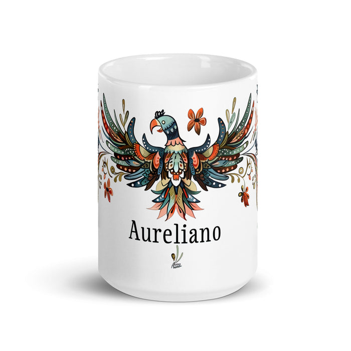 Aureliano Exclusive Name Art Piece Home Office Work Coffee Mug Mexican Spanish Pride Gift Cup One - Of - A - Kind Calligraphy White Glossy Mug | A7 - Mexicada