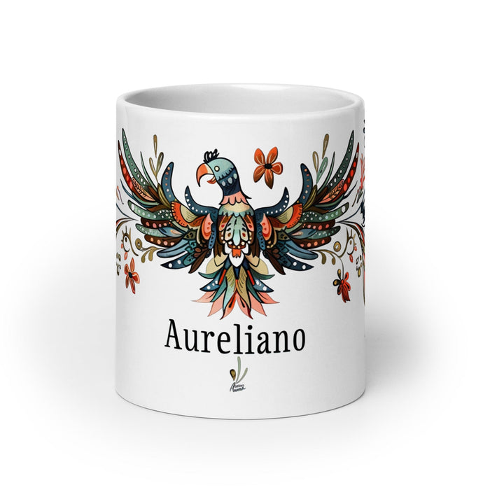 Aureliano Exclusive Name Art Piece Home Office Work Coffee Mug Mexican Spanish Pride Gift Cup One-Of-A-Kind Calligraphy White Glossy Mug | A7 Mexicada