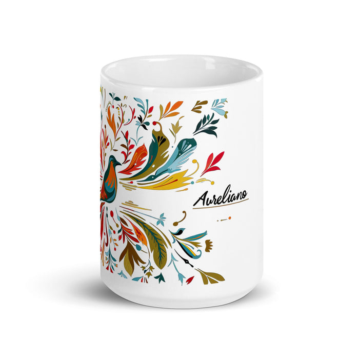 Aureliano Exclusive Name Art Piece Home Office Work Coffee Mug Mexican Spanish Pride Gift Cup One - Of - A - Kind Calligraphy White Glossy Mug | A9 - Mexicada