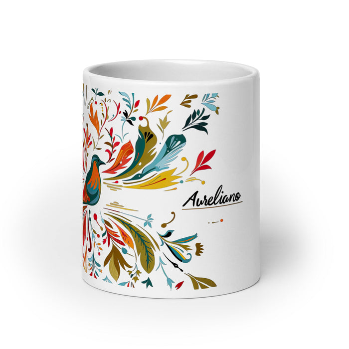 Aureliano Exclusive Name Art Piece Home Office Work Coffee Mug Mexican Spanish Pride Gift Cup One - Of - A - Kind Calligraphy White Glossy Mug | A9 - Mexicada