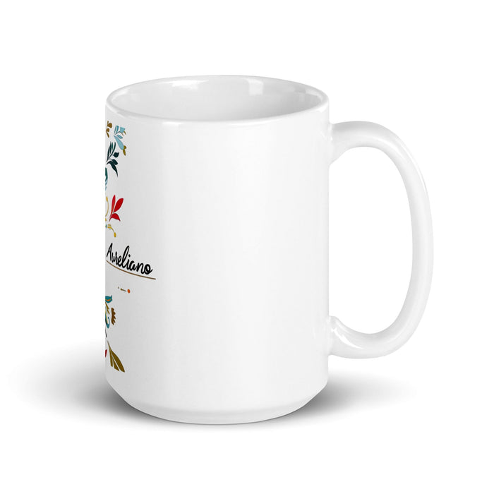 Aureliano Exclusive Name Art Piece Home Office Work Coffee Mug Mexican Spanish Pride Gift Cup One-Of-A-Kind Calligraphy White Glossy Mug | A9 Mexicada 15 oz