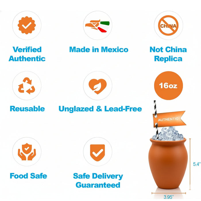 Authentic Mexican Handcrafted Natural Clay Cups (Cantaritos Jarros) for Hot & Cold Drinks (Cocktail Glasses for Tequila, Margaritas, Mojitos & More) | Lead-Free, Unglazed, 16 Oz Alondra's Imports NOT_POD