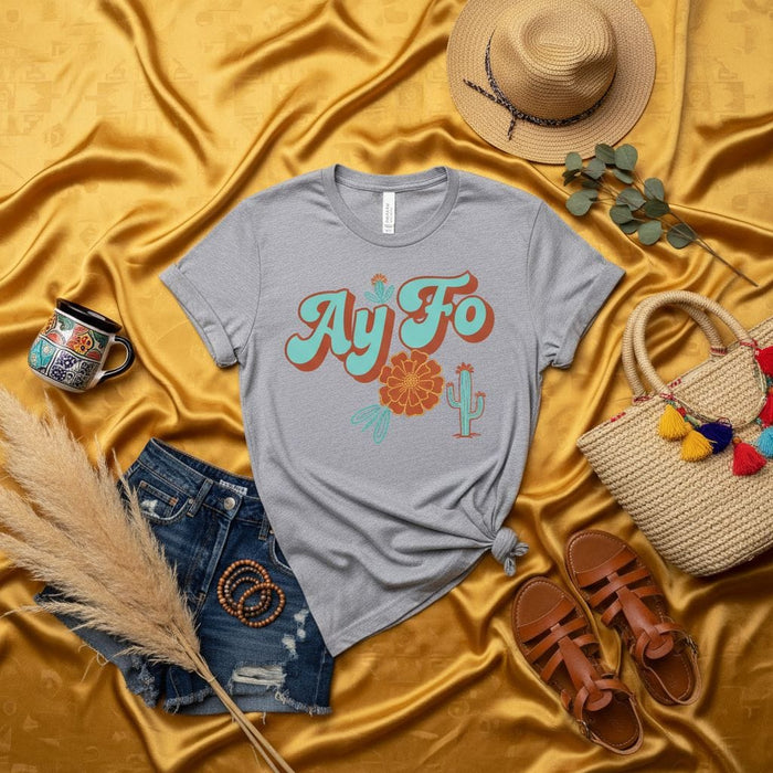 Ay Fo Desert Vibe T-Shirt, Boho Cactus Floral Graphic Tee, Retro Southwestern Style Shirt, Unisex Casual Fiesta Apparel, Distressed Denim Shorts Outfit Mexicada