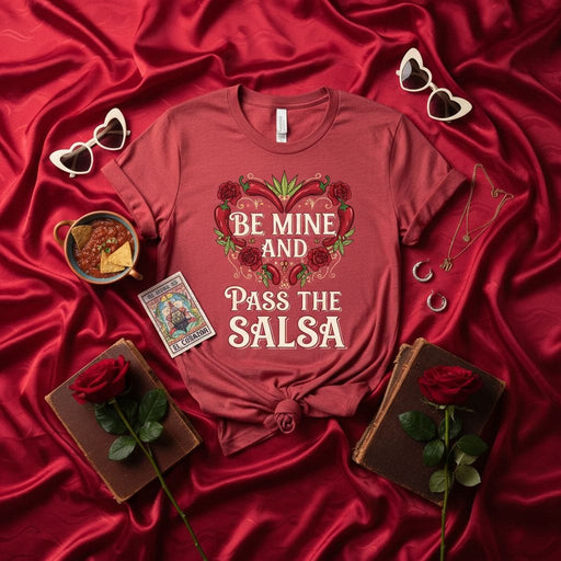 BE MINE AND PASS THE SALSA Shirt, Spicy Valentine's Day Tee, Funny Mexican Food Lover Unisex T-Shirt, Hot Chili Pepper and Rose Graphic Apparel, Romantic Foodie Gift, Red Fiesta Top Mexicada