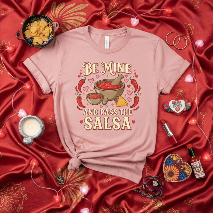 Be Mine and Pass the Salsa T-Shirt, Funny Valentine's Day Shirt, Cinco de Mayo Tee, Mexican Food Lover Gift, Chile Pepper Graphic, Cute Valentine for Her Him, Unisex Salsa and Chips Apparel Mexicada