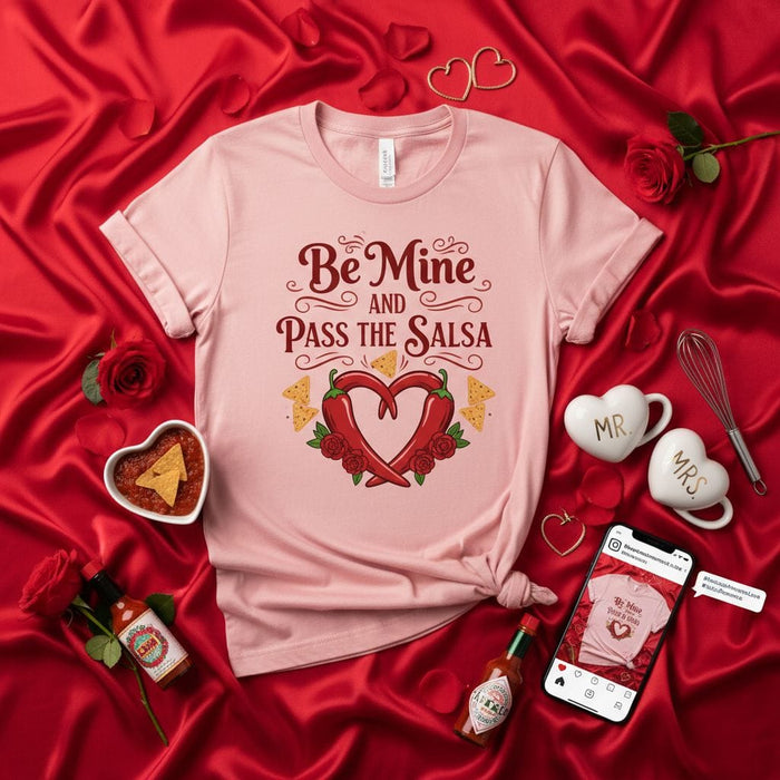 Be Mine and Pass the Salsa T-Shirt, Funny Valentine's Day Shirt, Cinco de Mayo Tee, Spicy Chili Pepper Heart Graphic Top, Couples Matching Shirt Gift Idea Mexicada