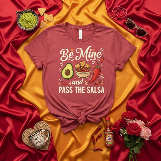 Be Mine And Pass The Salsa T-Shirt with Avocado and Chili Pepper Graphic, Funny Mexican Food Valentine's Day Tee, Unisex Cute Love Shirt Gift Mexicada