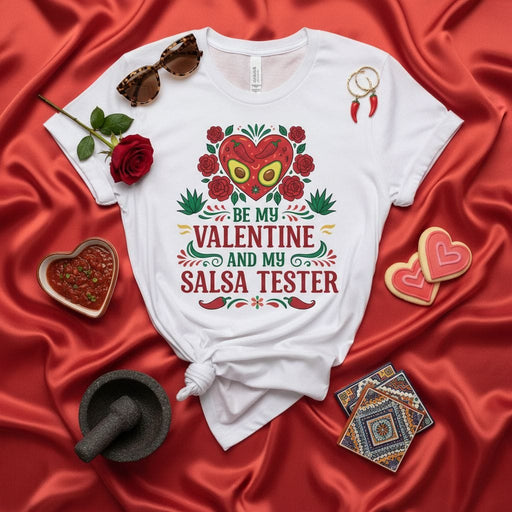 Be My Valentine And My Salsa Tester Shirt, Funny Romantic Valentine's Day Unisex T-Shirt with Avocado Heart & Chili Peppers, Mexican Food Lover Gift Tee Mexicada