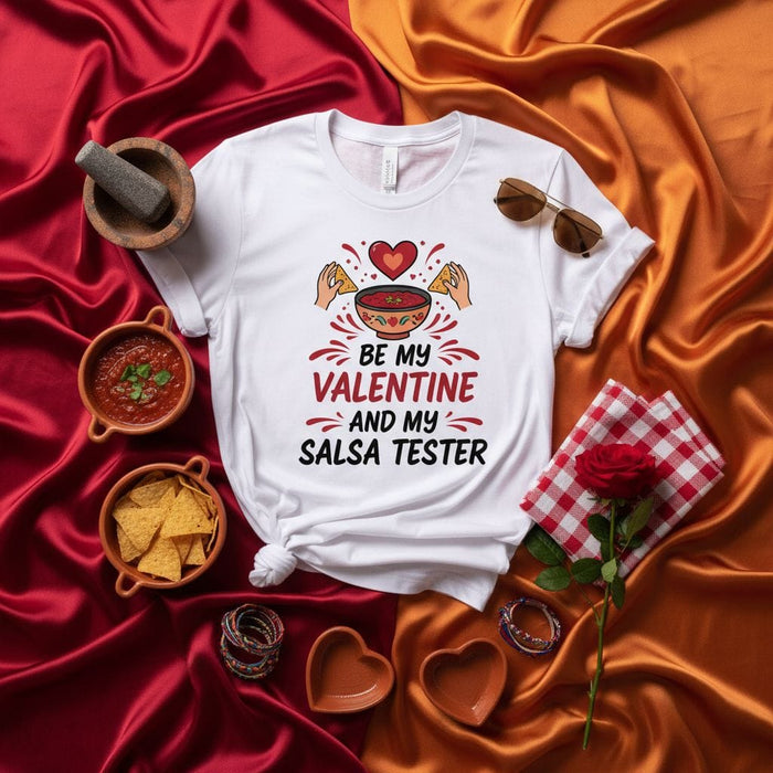 BE MY VALENTINE AND MY SALSA TESTER Valentine's Day T-Shirt, Funny Salsa Lover Shirt, Mexican Food Valentine Gift, Cinco de Mayo Couples Tee, Humor Heart Love Shirt for Him Her Mexicada