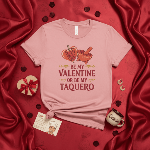 Be My Valentine or Be My Taquero Shirt, Funny Taco Al Pastor and Molcajete Valentine's Day T-Shirt, Mexican Food Lover Gift, Unisex Pink Tee for Him or Her Mexicada