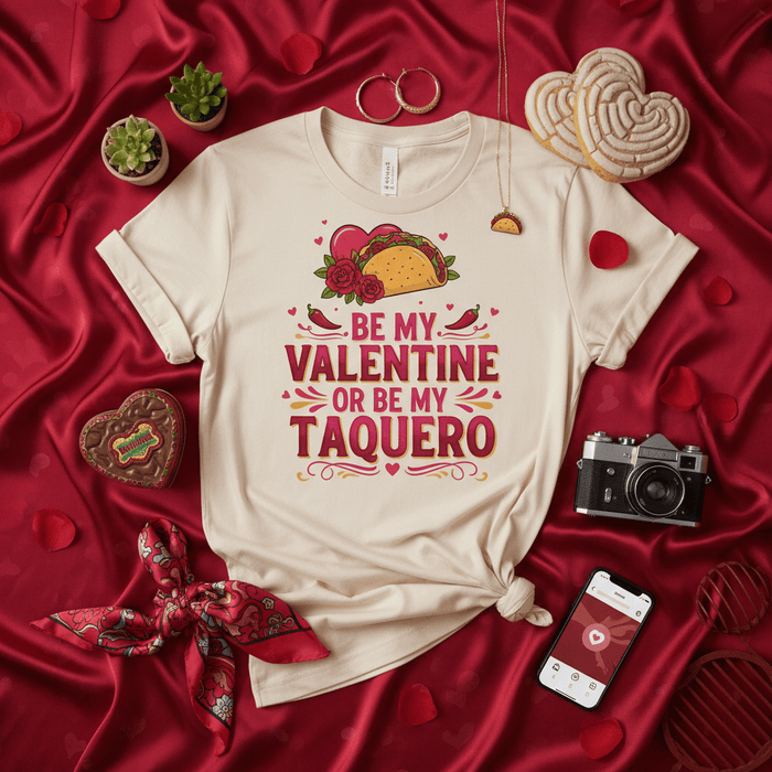 Be My Valentine Or Be My Taquero Shirt, Funny Valentine's Day Taco Lover T-Shirt, Cute Mexican Food Fiesta Valentine Tee, Taquero Love Pun Graphic Top, Unisex Valentine Gift for Taco Enthusiasts Mexicada