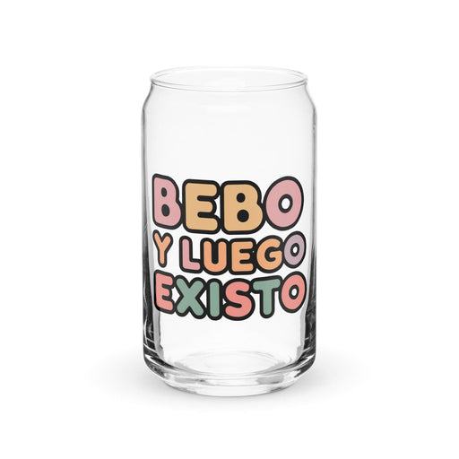 Bebo Y Luego Existo Exclusive Art Piece Can-Shaped Glass Home Office Work Mexican Spanish Pride Gift Cup One-Of-A-Kind Calligraphy Glass | B11 Mexicada 16 oz (No Lid No Straw)