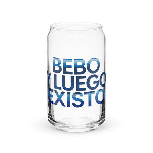 Bebo Y Luego Existo Exclusive Art Piece Can-Shaped Glass Home Office Work Mexican Spanish Pride Gift Cup One-Of-A-Kind Calligraphy Glass | B17 Mexicada 16 oz (No Lid No Straw)