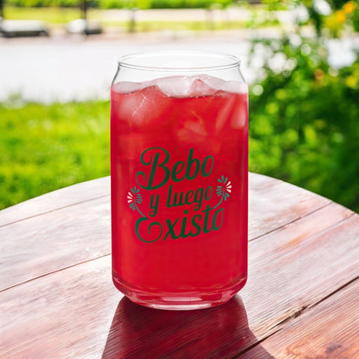 Bebo Y Luego Existo Exclusive Art Piece Can-Shaped Glass Home Office Work Mexican Spanish Pride Gift Cup One-Of-A-Kind Calligraphy Glass | B4 Mexicada