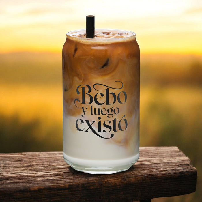 Bebo Y Luego Existo Exclusive Art Piece Can-Shaped Glass Home Office Work Mexican Spanish Pride Gift Cup One-Of-A-Kind Calligraphy Glass | B7 Mexicada