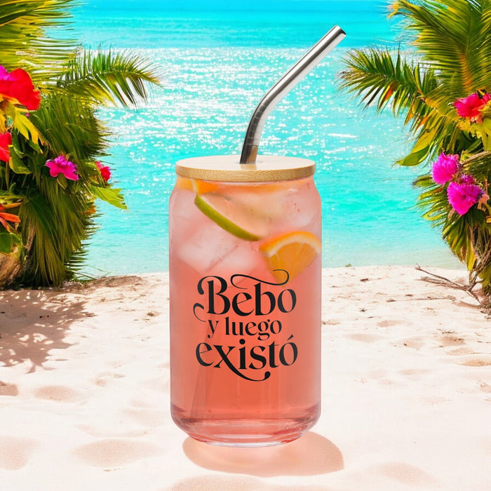 Bebo Y Luego Existo Exclusive Art Piece Can-Shaped Glass Home Office Work Mexican Spanish Pride Gift Cup One-Of-A-Kind Calligraphy Glass | B7 Mexicada