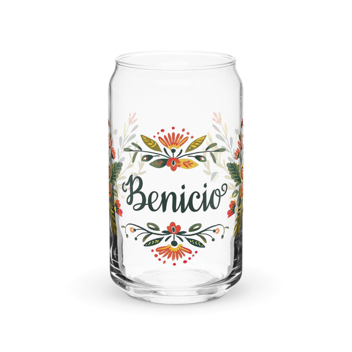 Benicio Exclusive Name Art Piece Can-Shaped Glass Home Office Work Mexican Spanish Pride Gift Cup One-Of-A-Kind Calligraphy Glass | B2 Mexicada 16 oz