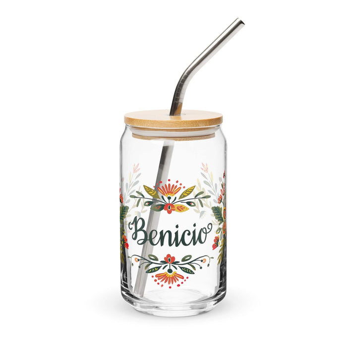 Benicio Exclusive Name Art Piece Can-Shaped Glass Home Office Work Mexican Spanish Pride Gift Cup One-Of-A-Kind Calligraphy Glass | B2 Mexicada 16 oz With Lid & Straw