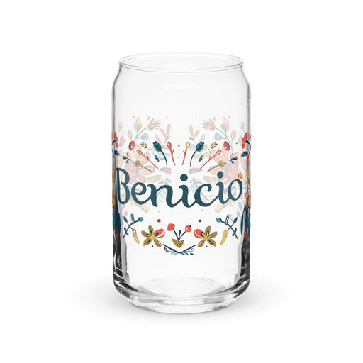 Benicio Exclusive Name Art Piece Can-Shaped Glass Home Office Work Mexican Spanish Pride Gift Cup One-Of-A-Kind Calligraphy Glass | B4 Mexicada 16 oz