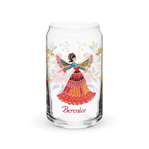 Berenice Exclusive Name Art Piece Can-Shaped Glass Home Office Work Mexican Spanish Pride Gift Cup One-Of-A-Kind Calligraphy Glass | B1 Mexicada 16 oz