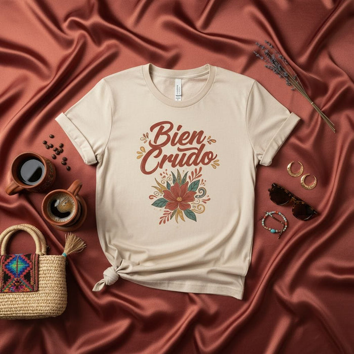 Bien Crudo Shirt, Funny Spanish Saying T-Shirt, Fiesta Shirt, Hangover Cure Tee, Mexican Slang Tee, Latino Gift, Cute Floral Design Unisex T-Shirt Mexicada