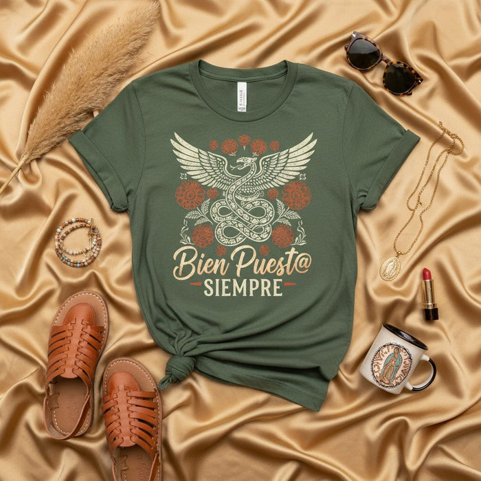Bien Puest@ Siempre T-Shirt | Mexican Heritage Snake with Wings & Marigold Flowers Tee | Hispanic Roots Culture Shirt | Unisex Graphic Apparel Mexicada