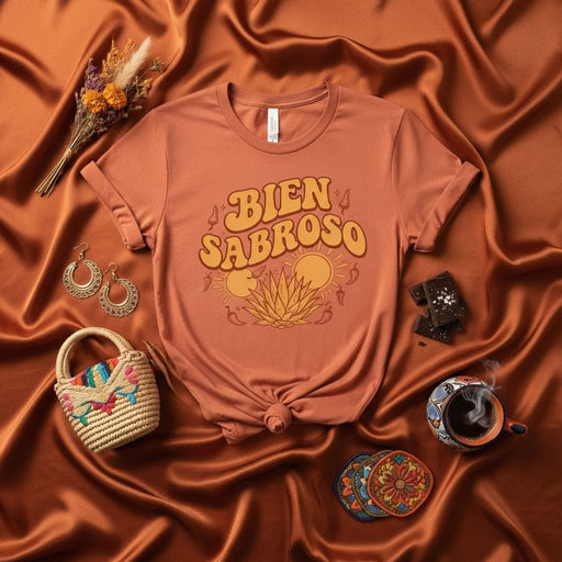 BIEN SABROSO T-Shirt | Retro Agave Sun Chili Pepper Graphic Tee | Unisex Spanish Language Shirt for Fiesta Taco Tuesday Cinco de Mayo Festival Mexicada