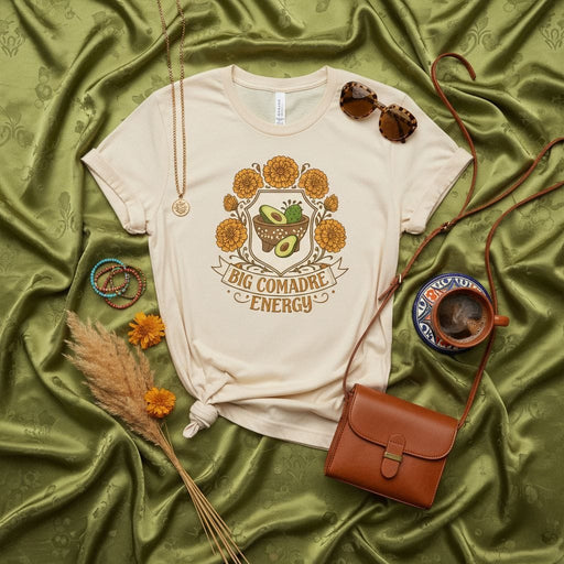 Big Comadre Energy T-Shirt Guacamole Molcajete Marigold Flowers Chicana Latina Shirt Unisex Cream Tee Mexicada