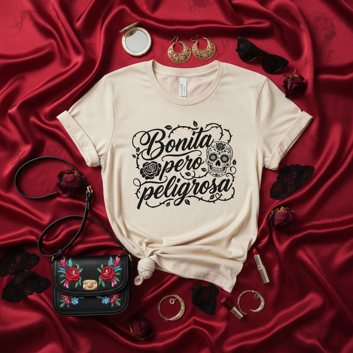 Bonita Pero Peligrosa Shirt, Sugar Skull T-Shirt, Spanish Quote T-Shirt, Day of the Dead Shirt, Latina Shirt, Mexican Shirt, Women's Graphic Tee, Boho Chic Style, Floral Skull Design Shirt, Gift for Her Mexicada
