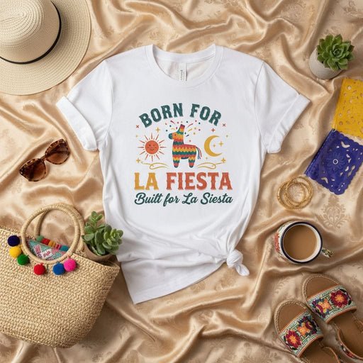 Born For La Fiesta Built for La Siesta T-Shirt, Funny Pinata Sun Moon Tee, Unisex Mexican Party Shirt, Cinco de Mayo Apparel, Festival Vacation Relax Shirt, Hispanic Culture Gift Mexicada