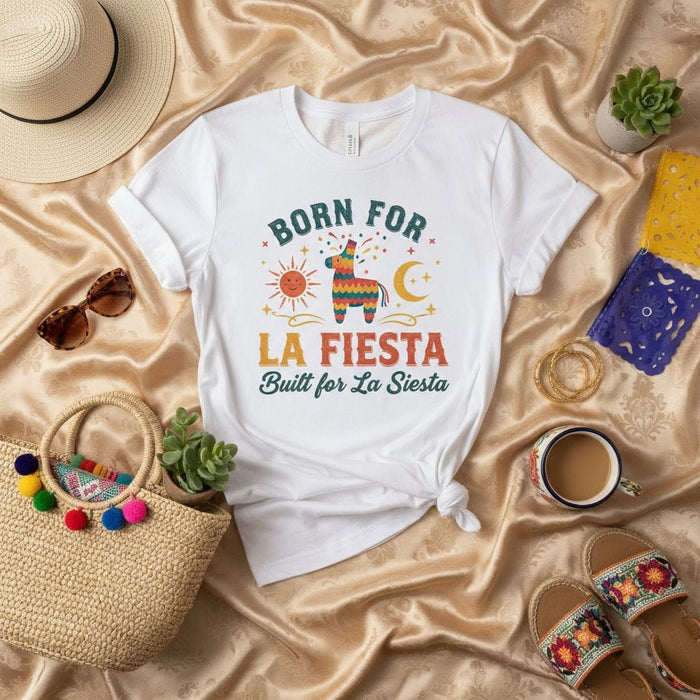 Born For La Fiesta Built for La Siesta T-Shirt, Funny Pinata Sun Moon Tee, Unisex Mexican Party Shirt, Cinco de Mayo Apparel, Festival Vacation Relax Shirt, Hispanic Culture Gift Mexicada