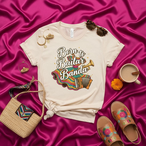 Born to Bailar Banda Shirt, Retro Cumbia Merch, Mexican Folkloric Dance Top, Colorful Accordion Trumpet Design Tee, Latina Fiesta Gift, Spanish Phrase T-Shirt Mexicada