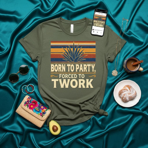 Born To Party Forced To Twork Tequila Agave Plant Graphic T-Shirt, Funny Drinking Shirt, Retro Sunset Vibe Tee, Unisex Gift for Her or Him, Distressed Vintage Style Apparel Mexicada