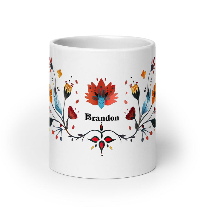 Brandon Exclusive Name Art Piece Home Office Work Coffee Mug Mexican Spanish Pride Gift Cup One-Of-A-Kind Calligraphy White Glossy Mug | B24 Mexicada